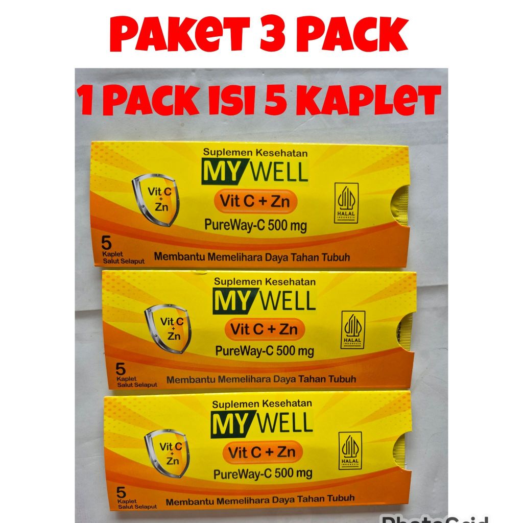 PAKET 3 PACK MYWELL VIT C+ZN isi 5 Kaplet | Vitamin C PureWay 500 mg