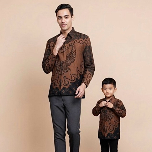 COKLAT MAHOGANY motif GARUDA Kemeja  Batik couple ayah  anak lengan panjang lapisan furinG