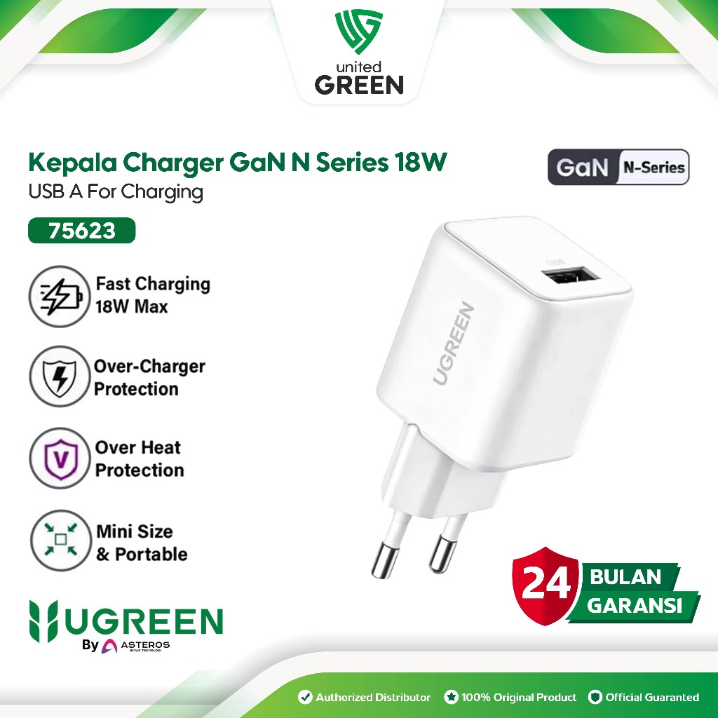 UGREEN 75623 Kepala Adaptor Charger USB A 18W 3A GaN N Series White Putih PD Fast Charging Power Del