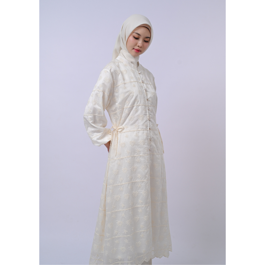 VIANDRA | Leya Midi Dress Bordir Premium Baju Kondangan Wanita Elegan Kerah Sanghai Busui Mewah