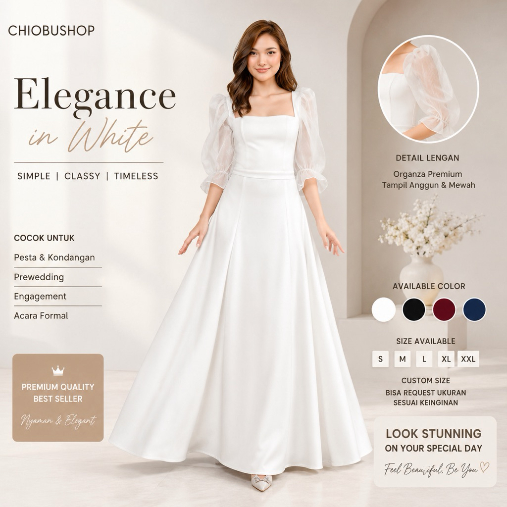 Chiobushop - (Faras) Dress Prewedding Korea Square Neck Lengan Balon Tile Gaun Pesta Elegant Custom 