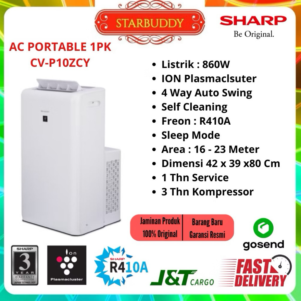 AC SHARP CV-P10ZCY AC PORTABEL 1 PK ION PLASMACLUSTER FREE PACKING KAYU (KARGO)