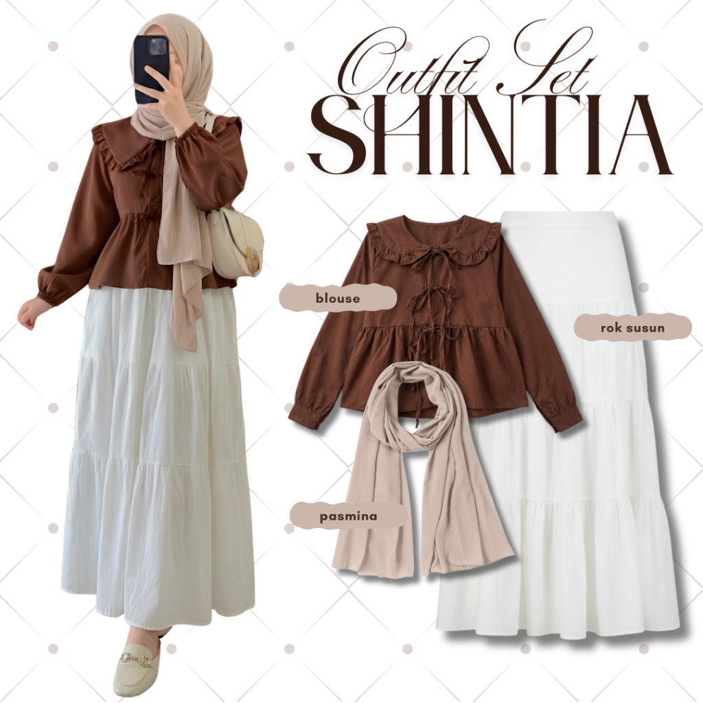 Feemora - Rekomendasi Onet Set Kekinian| (blouse coklat,rok susun,pasmina) | Setelan Outfit Wanita S