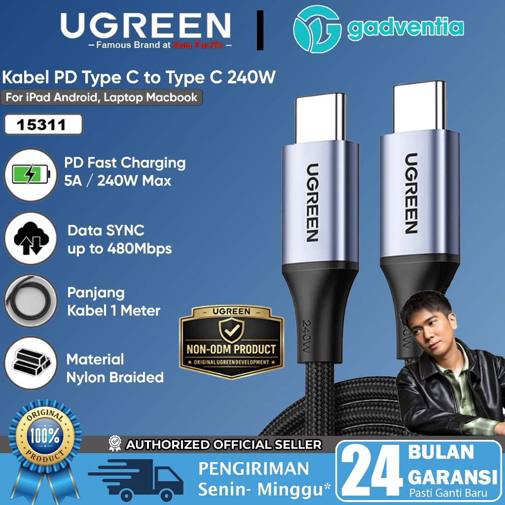 UGREEN Kabel Type C to Type C Fast Charging 240w Nylon Braided For iPad MacBook Samsung Laptop 90440