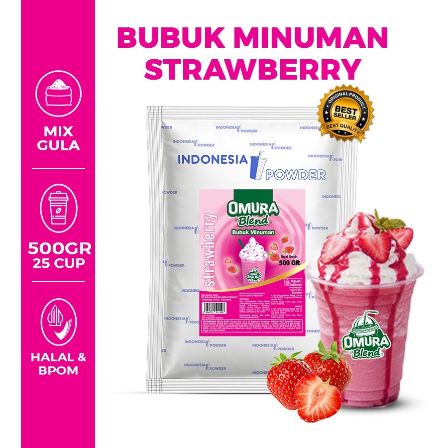 OMURA Bubuk Minuman Premium Rasa Strawberry / Stroberi 500 Gram Halal & BPOM Blend Powder Drink