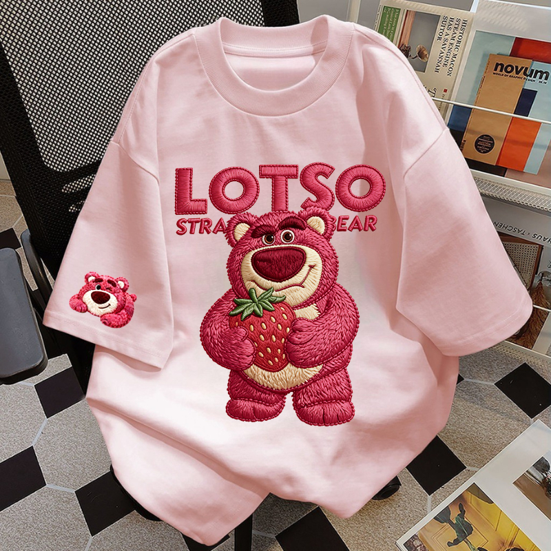 Oversize Style -  kaos wanita Kaos lengan pendek gaya lucu |Pola Beruang Stroberi| ekstra besar 100%