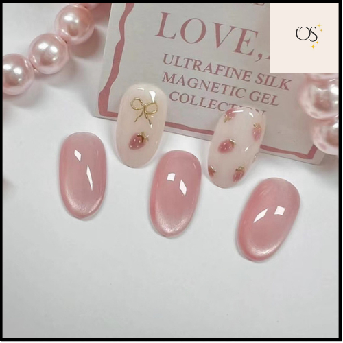Kuku Palsu (FREE LEM) Motif Pita Stroberi Lucu Cat Eye Cantik Kuku Nail Art Premium Wisuda Sekolah K