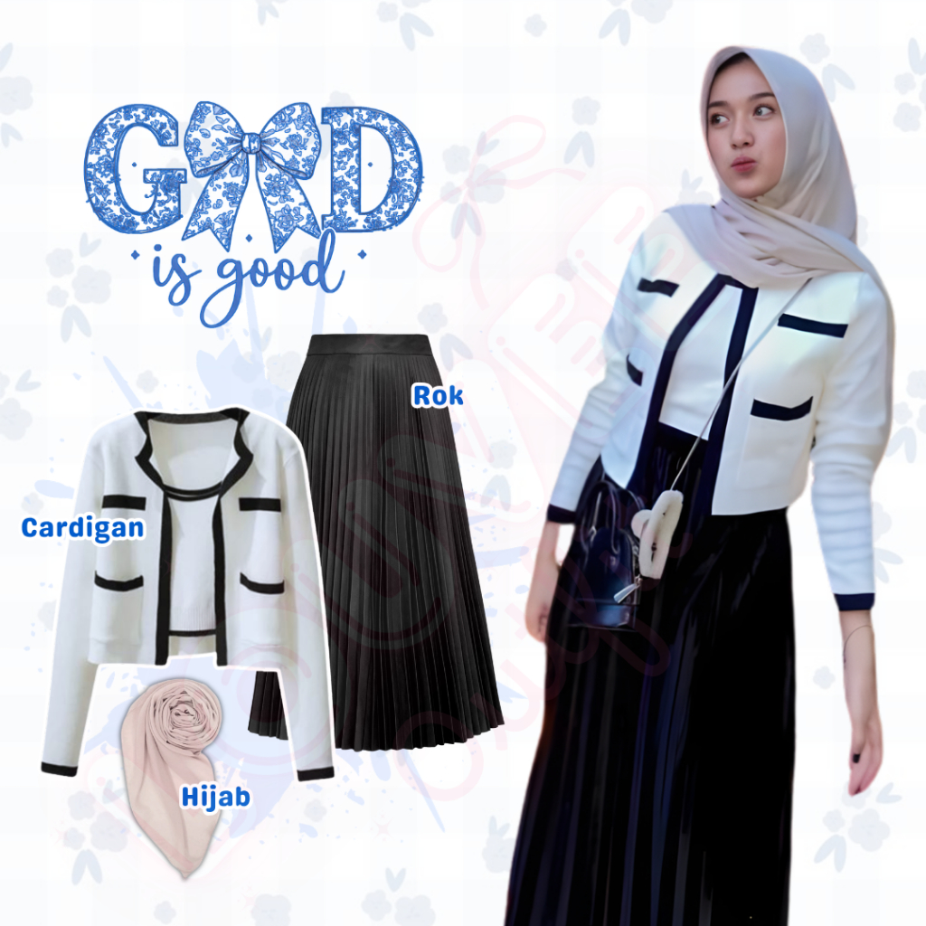one set remaja 3in1 /  Setelan Kekinian / outfit wanita kekinian / ardigan Rajut + Rok Plisket Hyget