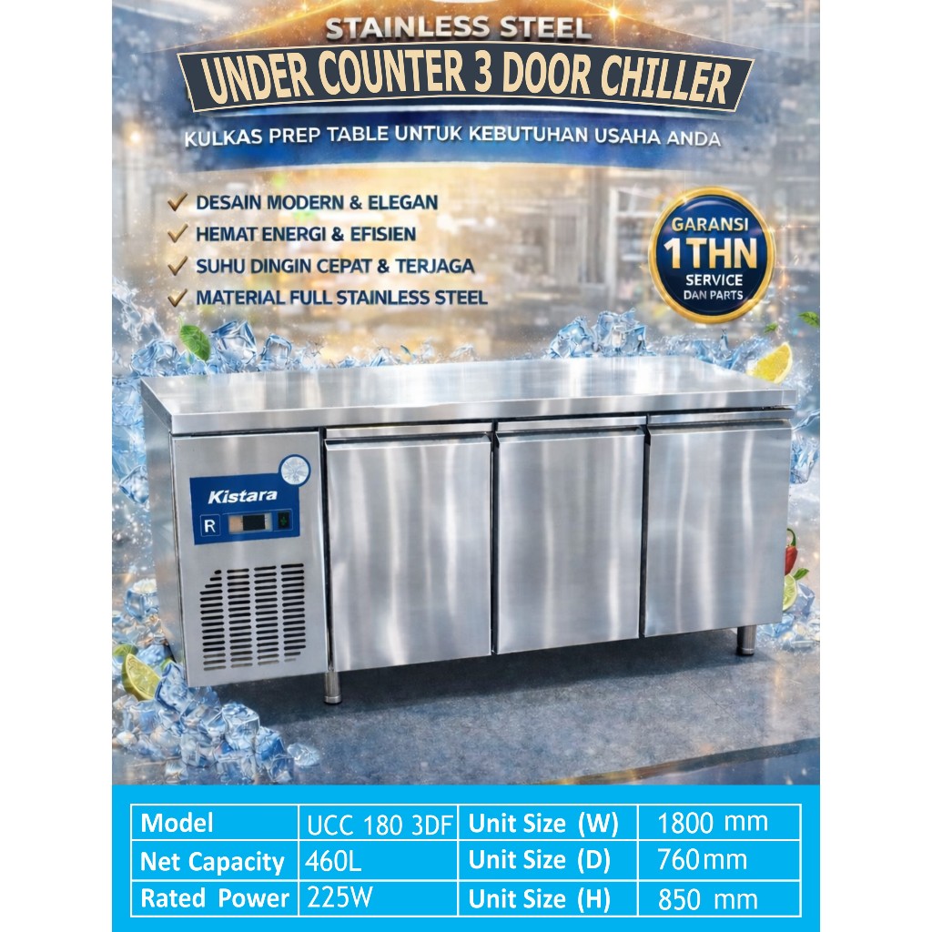 Under Counter 3 Door Chiller Panjang 180  ( fan Cooling ) , Kulkas Restoran , Kulkas Meja , Kulkas S