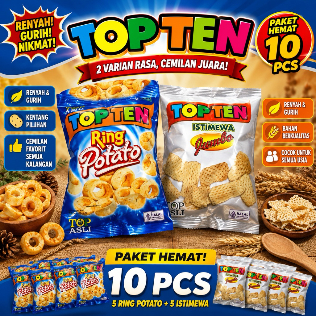 Aneka Snack Chiki Ciki Jadul Topten Top ten Ring Potato Jumbo Topten Top ten istimewa Jumbo Isi 10 p