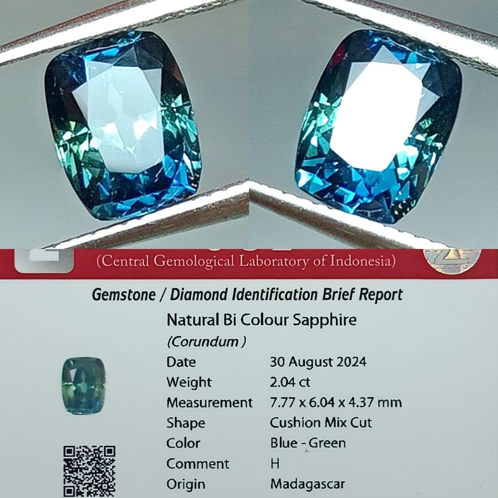 NATURAL BI COLOUR SAPPHIRE HQ MADAGASCAR BLUE - GREEN CUTTING CUSHION GOOD LUSTER TOP COLOR MEMO CGL