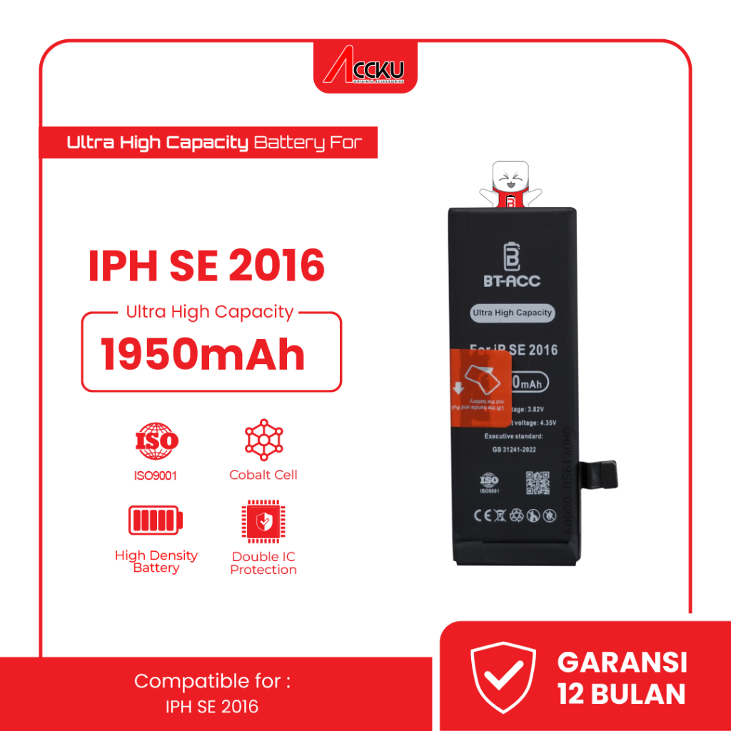 BT-ACC Ultra High Capacity Baterai Battery Batre For iPhone SE 2016 With 1950mAh