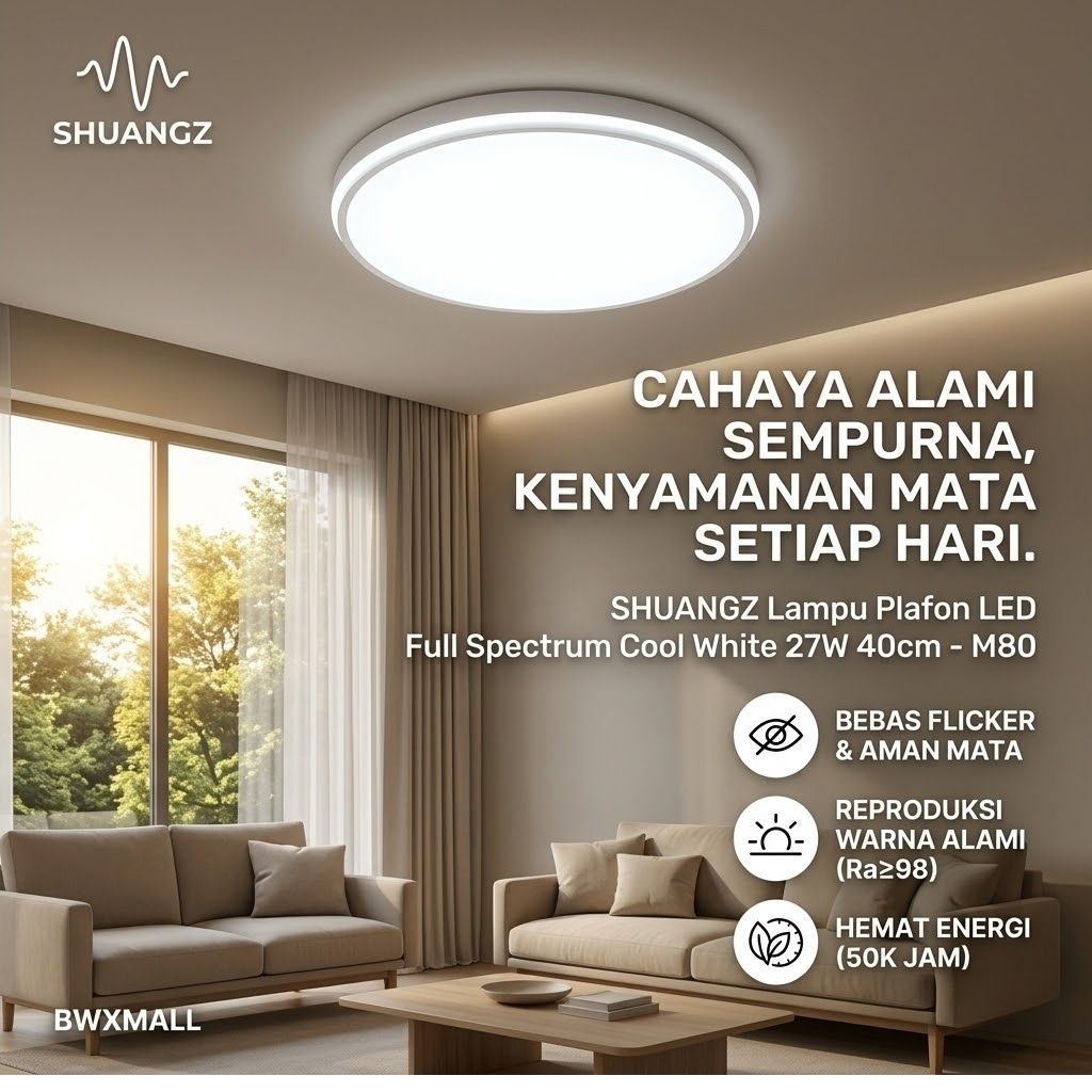 Lampu Plafon LED Ruang Tamu Kamar Tidur SHUANGZ Bulat 40cm 27W Minimalis Modern Cahaya Putih Cool Wh