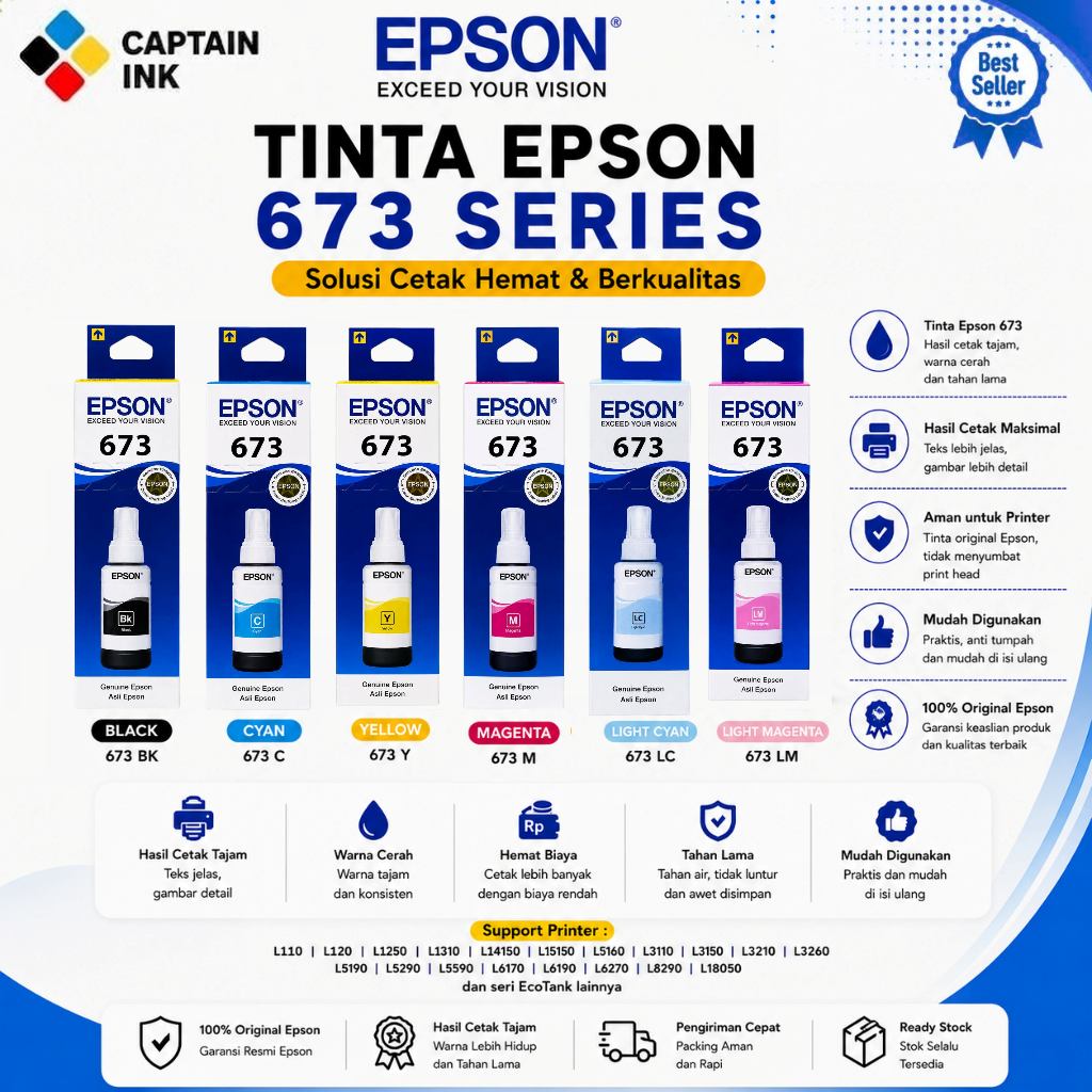 Tinta Epson 673 Original Support Printer L800 L805 L805 L850 L1800