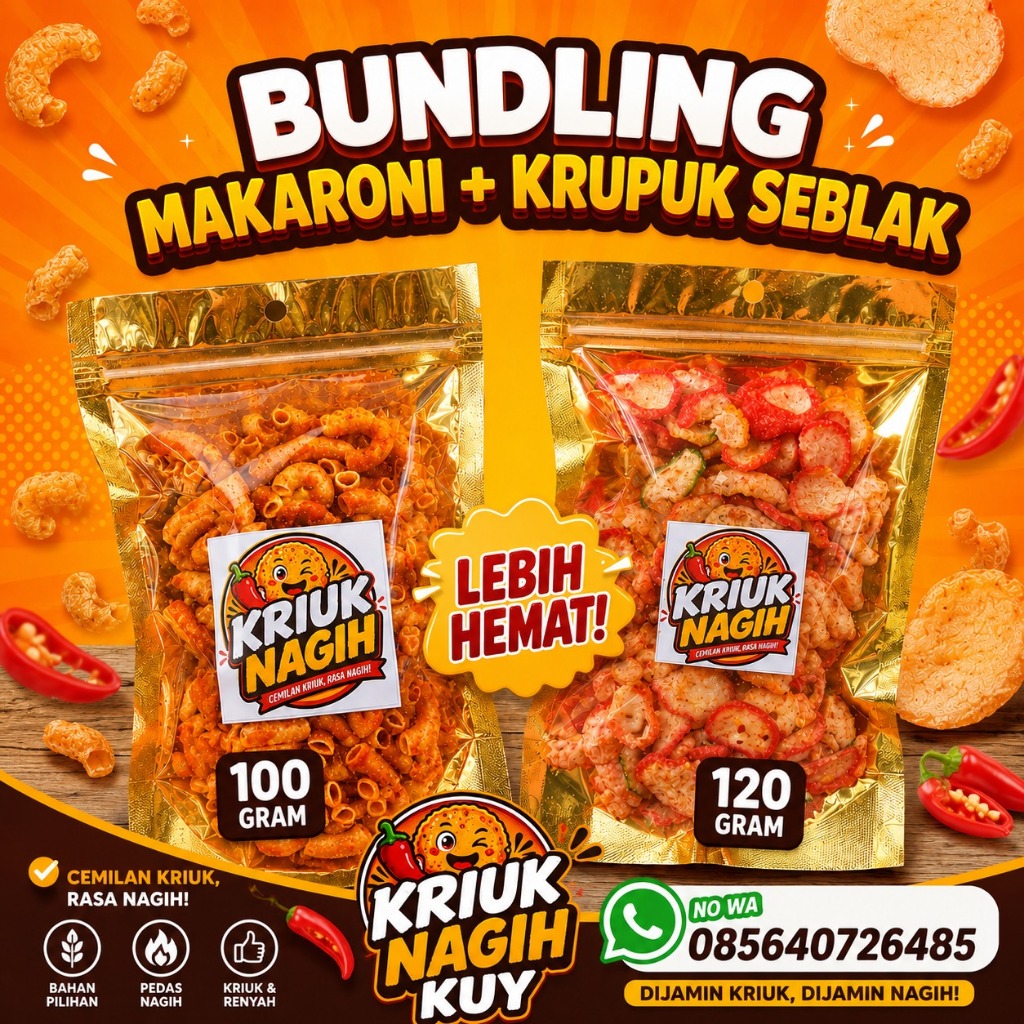 Paket Hemat Makaroni Pedas 100gr + Kerupuk Seblak 120gr | Cemilan Pedas Gurih Kriuk Nagih Kuy