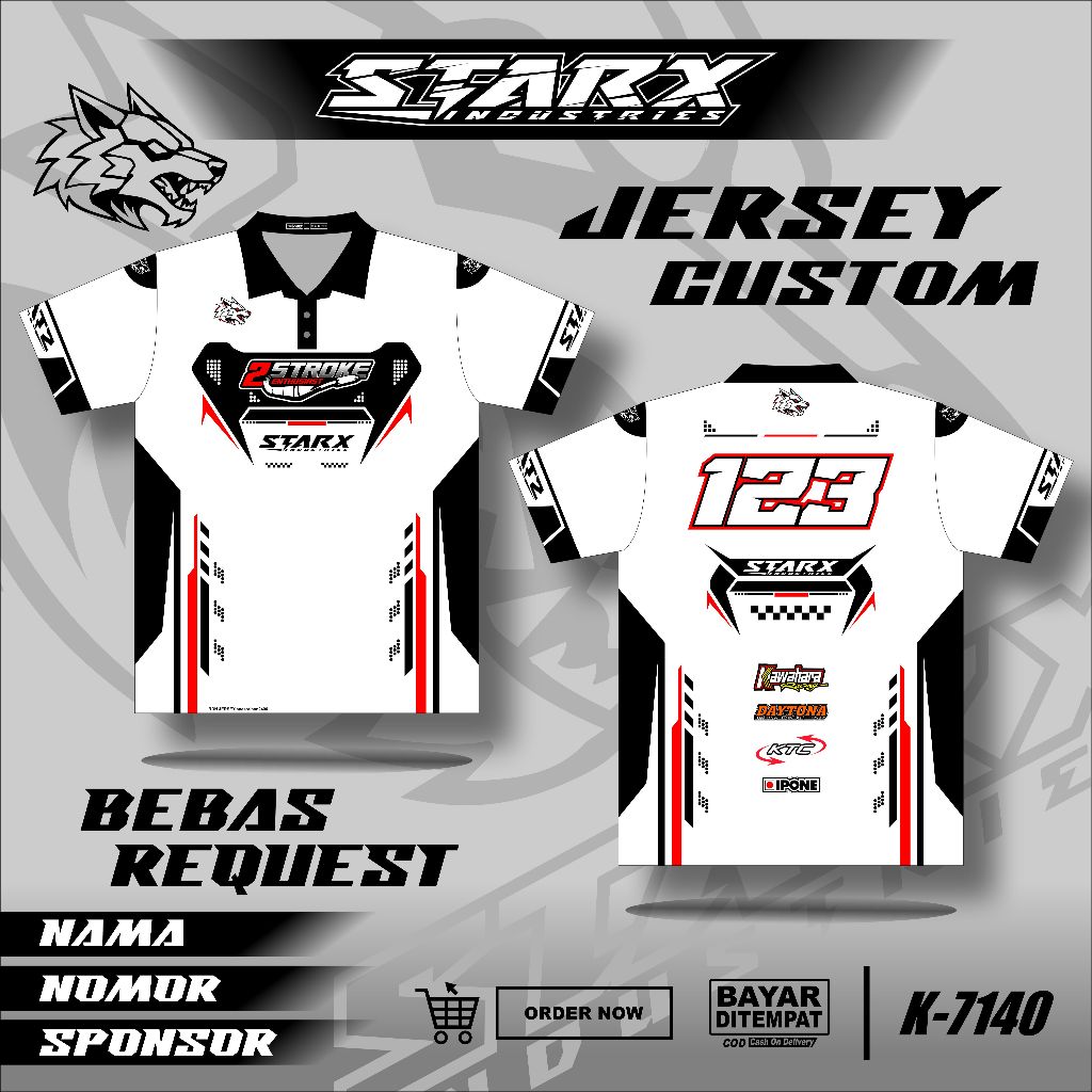 JERSEY RACING Jersey Custom Polo Sporty Hitam Putih Merah Motif Balap, Bebas Request Nama Nomor Spon
