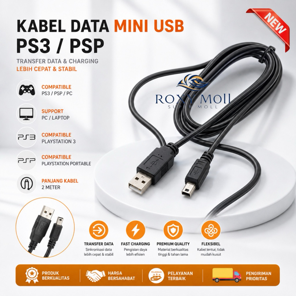 Kabel 2Meter Stick PS3 /PSP Game Boy Cable Charger Mini Usb V3 For Game Playstation (2M) [ROXY]
