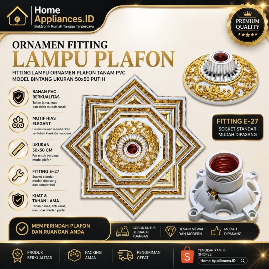 Ornamen Lampu Plafon Tanam PVC 50x50 E27 Motif Bintang Modern Mewah