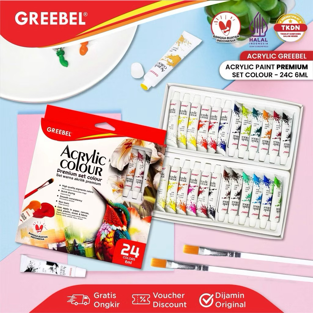 GREEBEL Cat Lukis Akrilik 1 Set 24 Warna 6ml / Acrylic Paint Color (24 Warna x 6ml) Cat Melukis