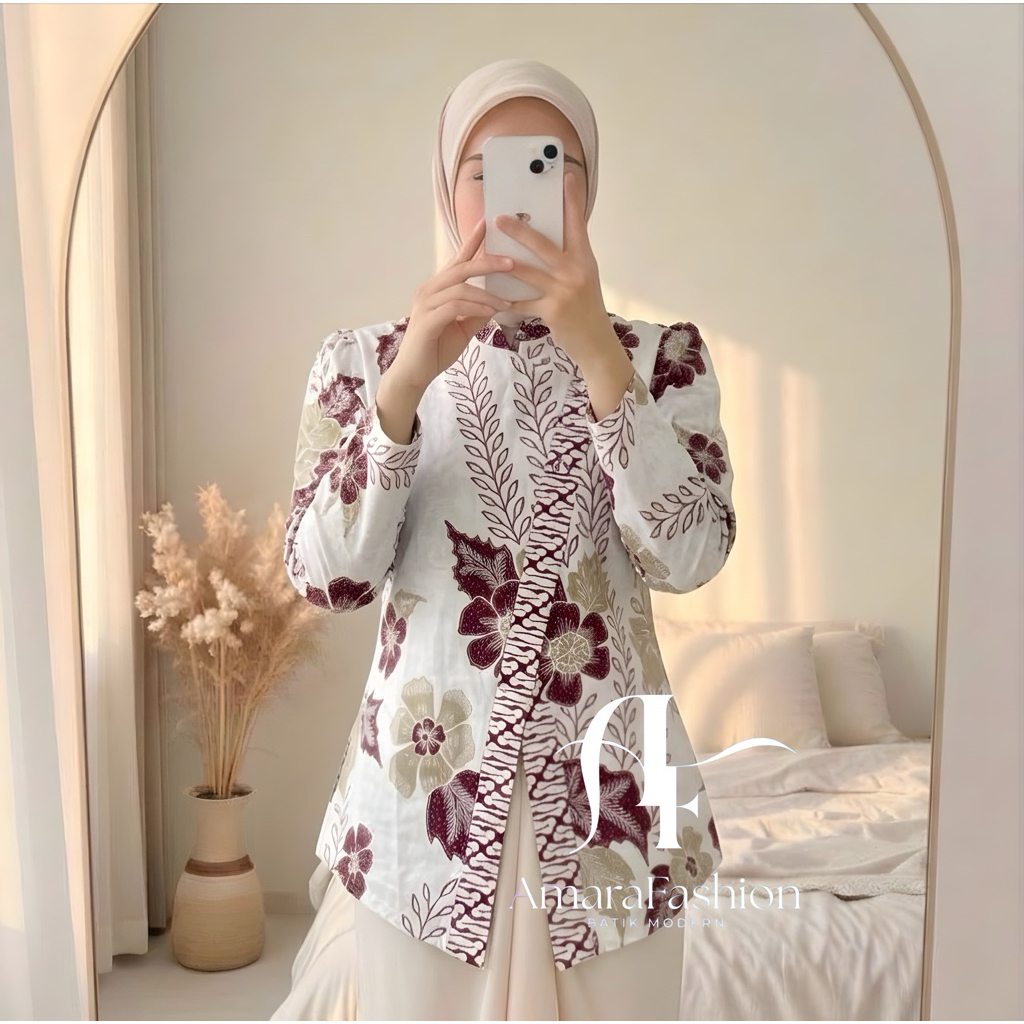 Atasan Batik Puff Blouse Batik Wanita Lengan Puff Motif Bunga untuk Kantor dan Acara Santai Sleeve W