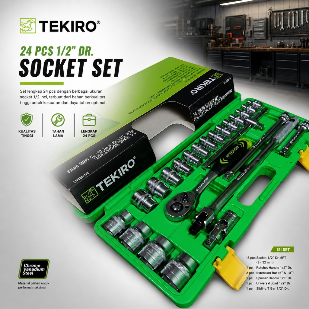Kunci Sok Set 24 Pcs Pvc Tekiro Hand Mata Sok Shock 24Pcs Box Plastik 6pt 1/2inci Socket Wrench