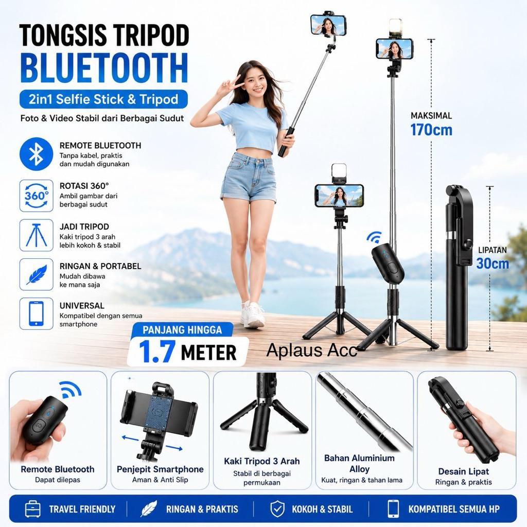 Tongsis Tripod LED 1.7 Meter Flexible With Remote Bluetooth Selfie