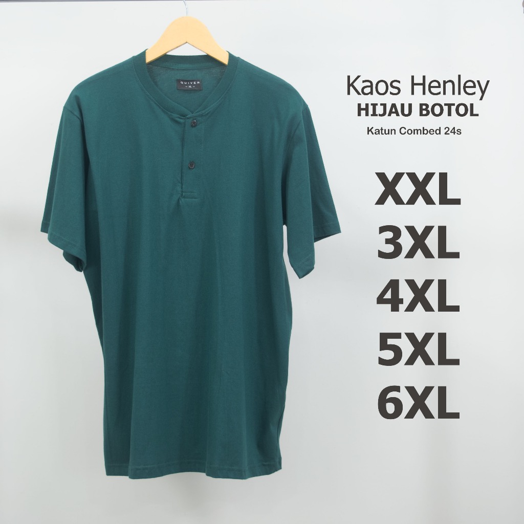 Kaos Polos Henley Kancing Jumbo Pria Hijau Botol 24s Big Size XXL 3XL 4XL 5XL 6XL