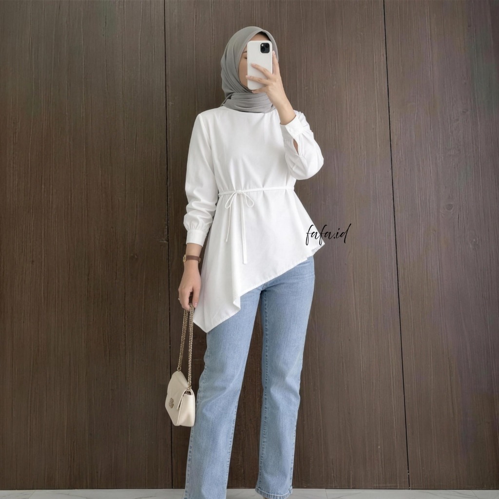 Mina Blouse Tali Wanita Rayon Twill Asimetris Casual Look