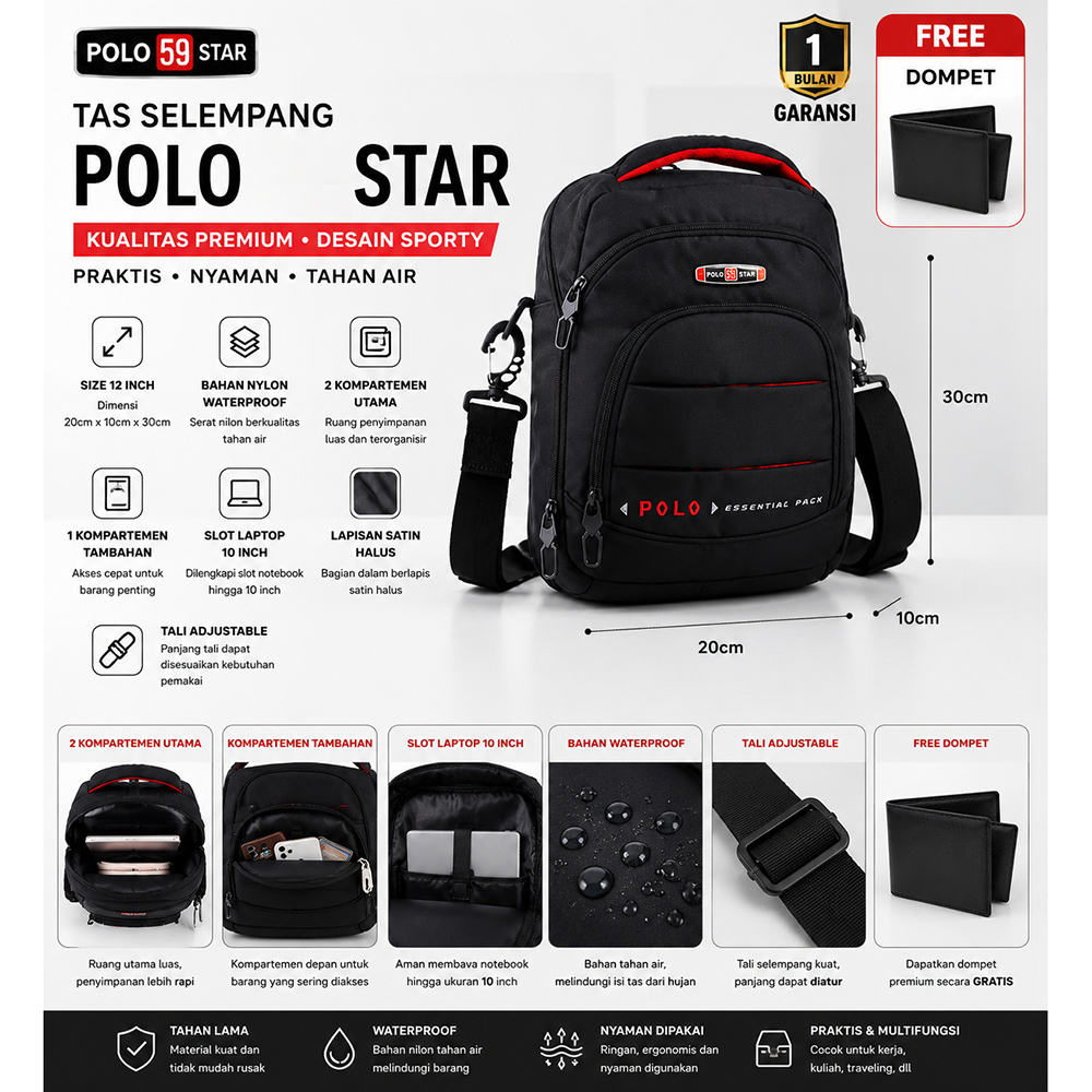 GRATIS DOMPET  Tas Sling Bag Pria Tas Selempang Polo Star Waterproof Muat Tablet 10 Inch