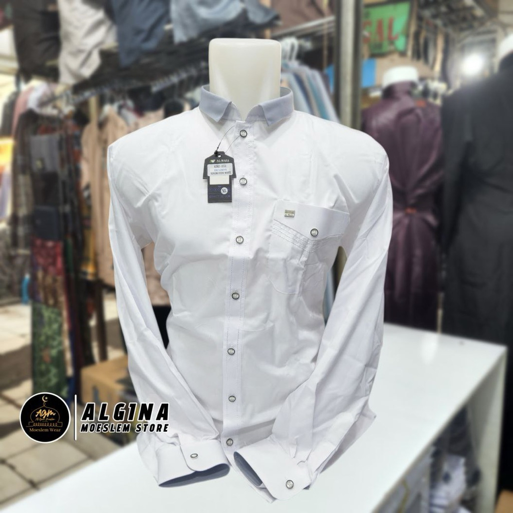 Koko Al Wafa Putih Lengan panjang Plat Kantong | Baju Muslim Lengan Panjang Al Wafa Premium Exclusiv