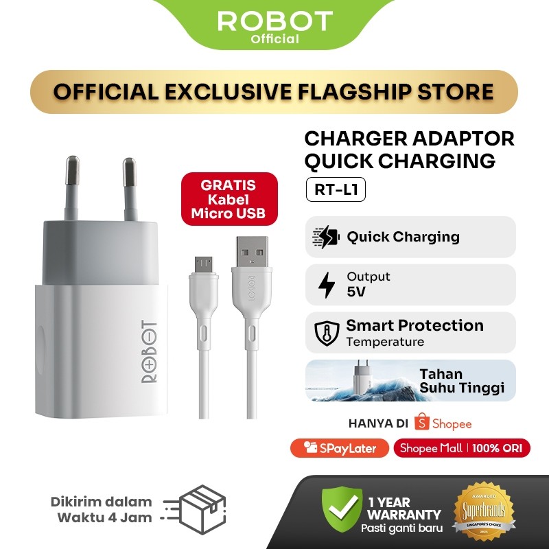 [SPECIAL LIVE] ROBOT Charger Single Port Quick Charging Original Micro USB Kepala Charger Adapter RT-L1 with Garansi 1 Tahun - ROBOTLIVE003