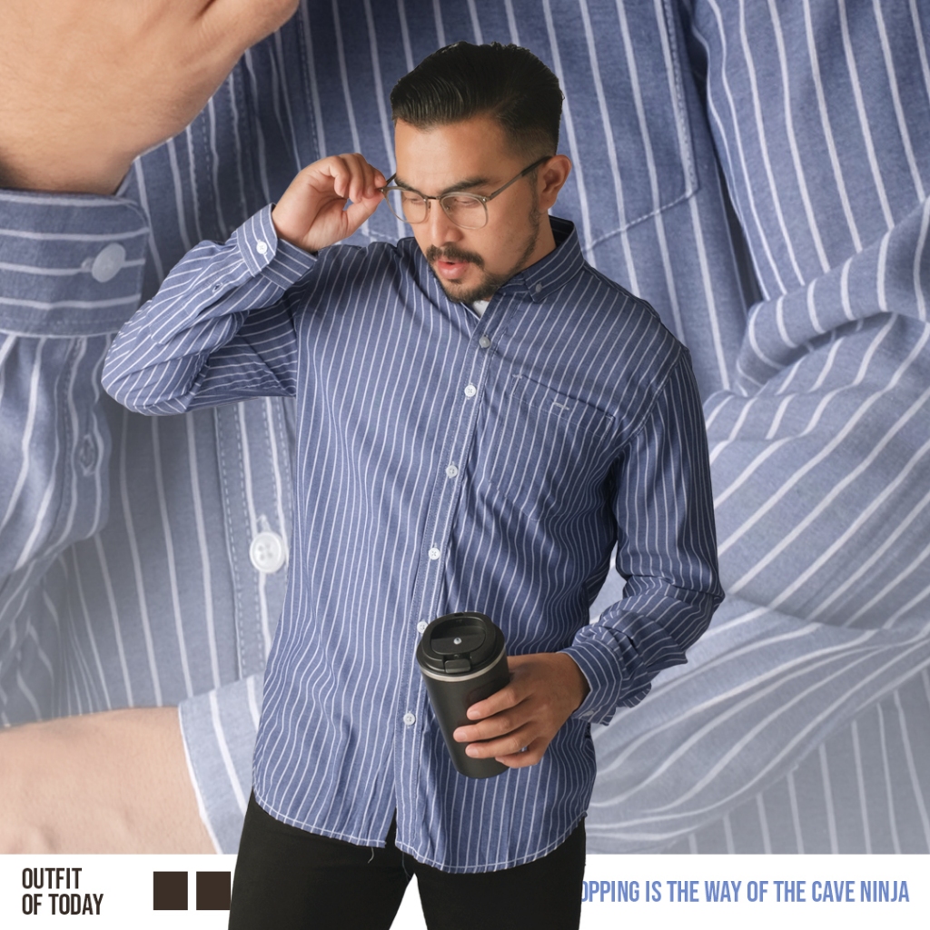DGM Kemeja Pria Salur Lengan Panjang Premium Kemeja Stripe Pria Kemeja Garis Pria Slimfit Biru Muda 