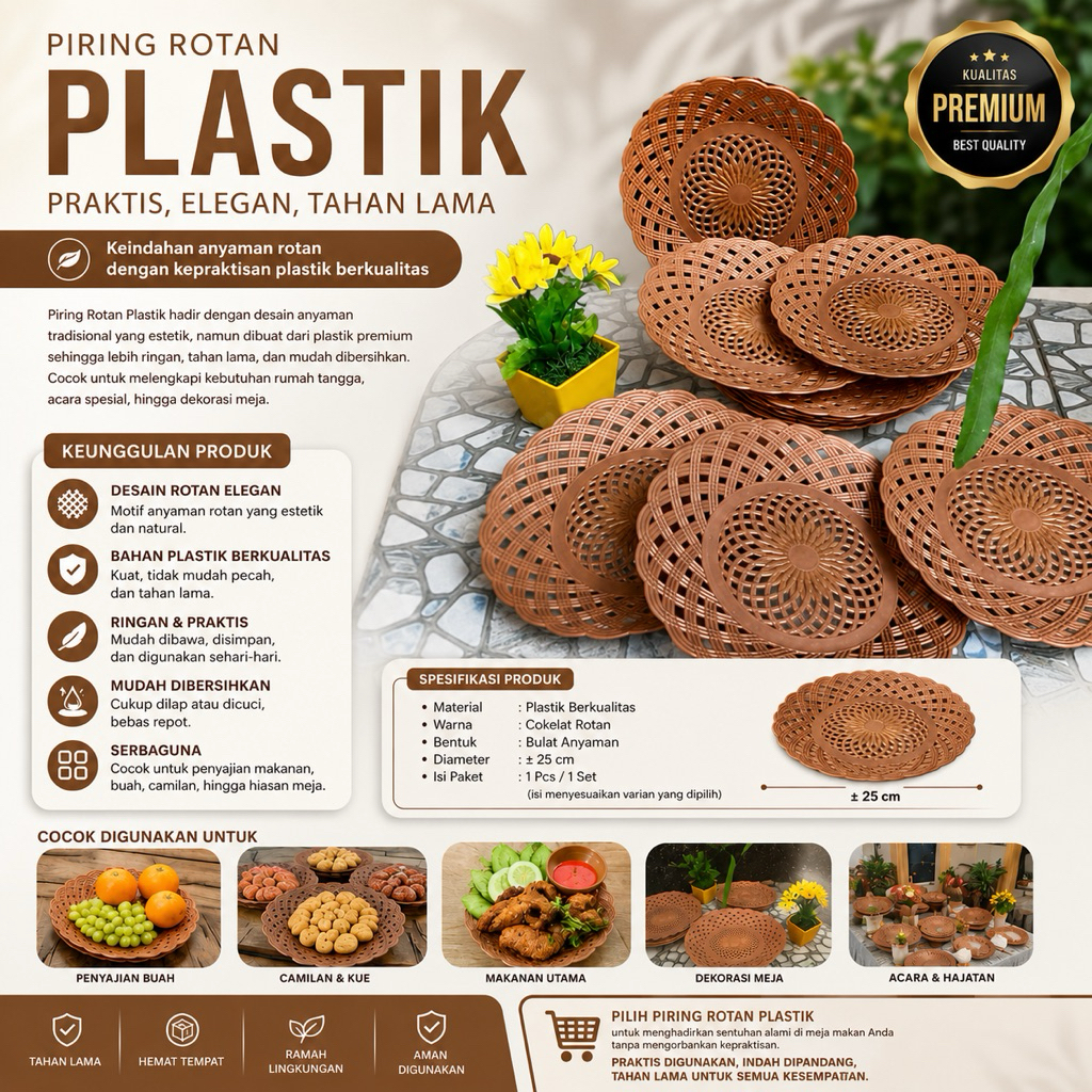 Piring Rotan Plastik Tebal Isi 12 Pcs/Piring Rotan Plastik Murah