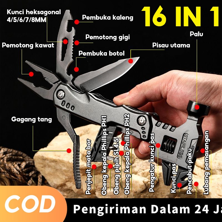 duituolm 16 IN 1 Palu Pisau Lipat Multifungsi Kunci Inggris Tang Alat Kombinasi knivesPisauTangObeng