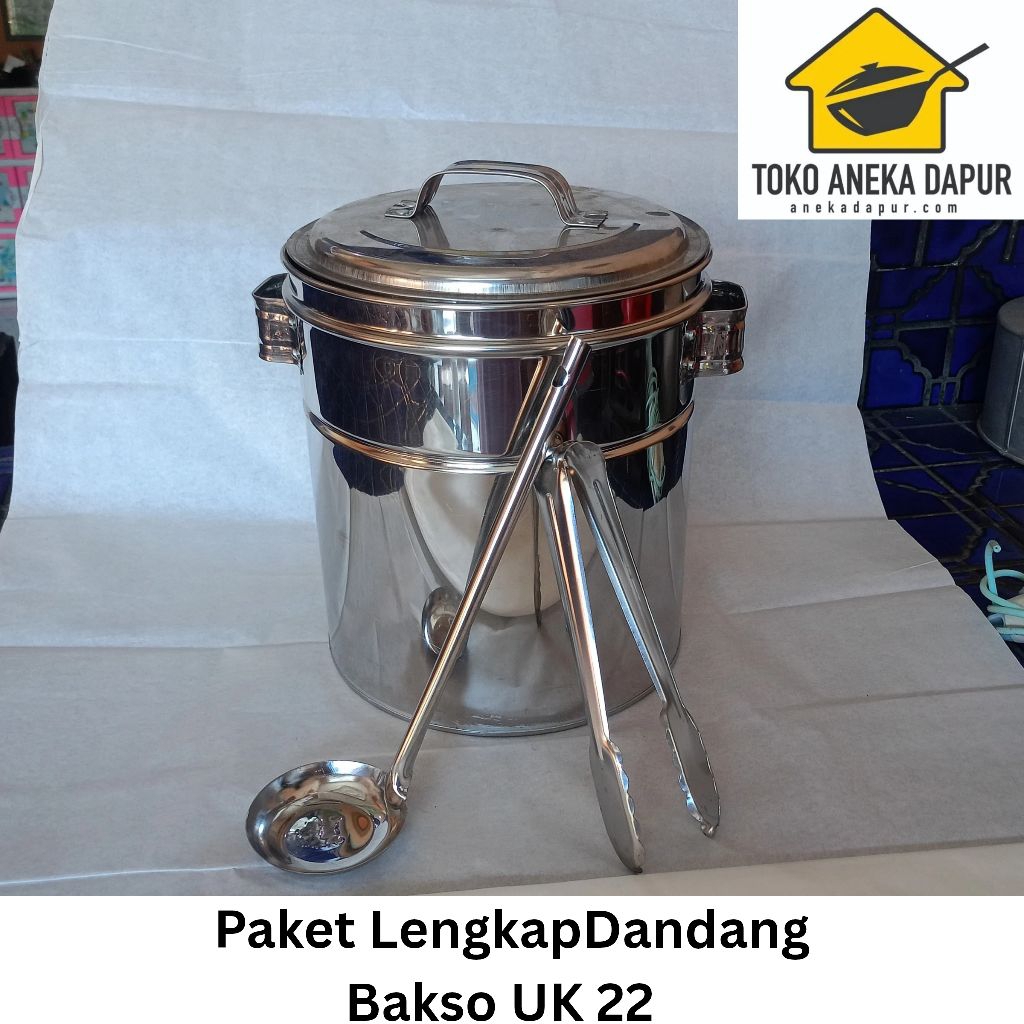 Dandang Bakso Stainless Ukuran 22 Paket Lengkap + Capit + Centong Kuah | Panci Bakso Kuah Murah