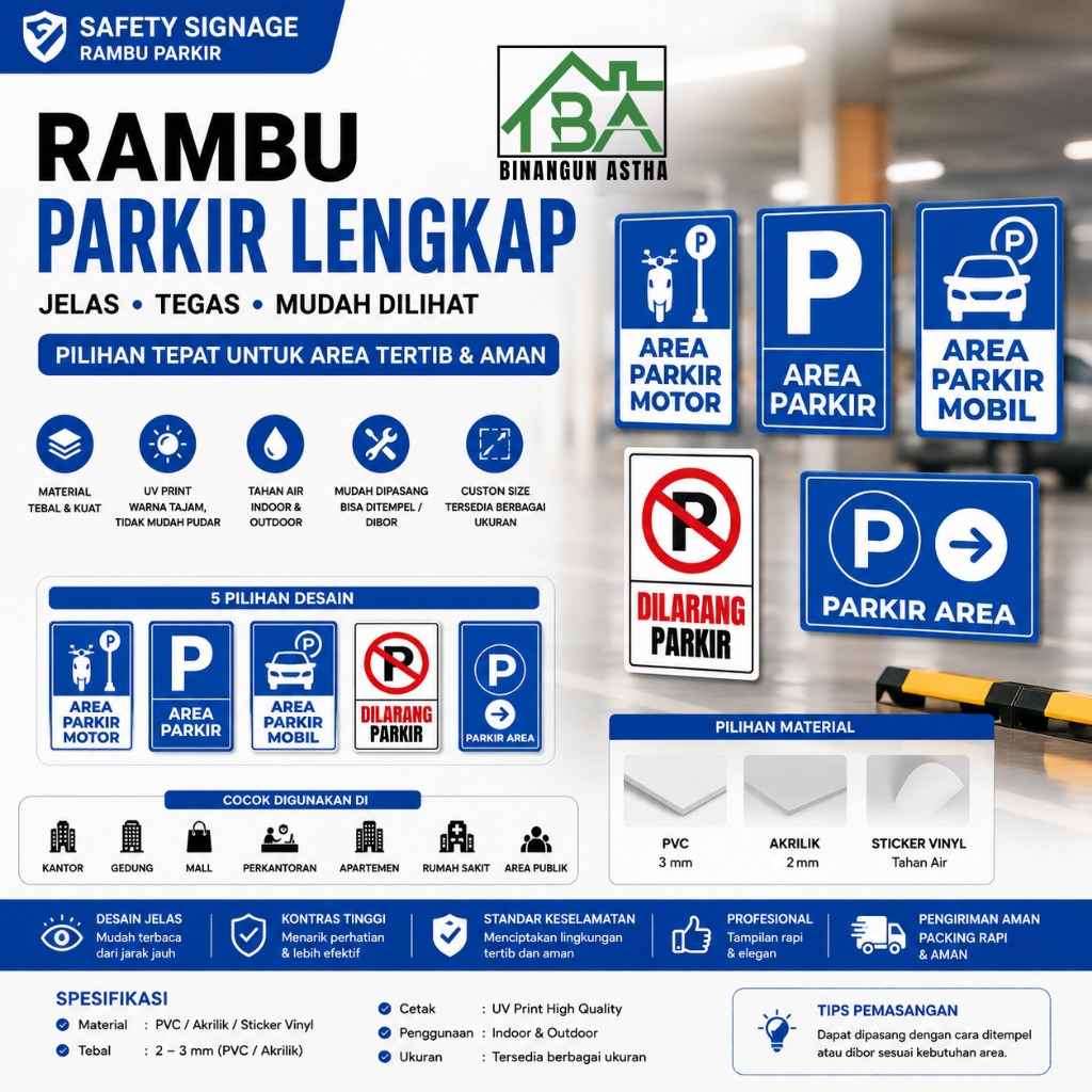 Rambu Parkir Mobil Motor | Area Parkir / Dilarang Parkir | Sign Board Akrilik Outdoor Premium