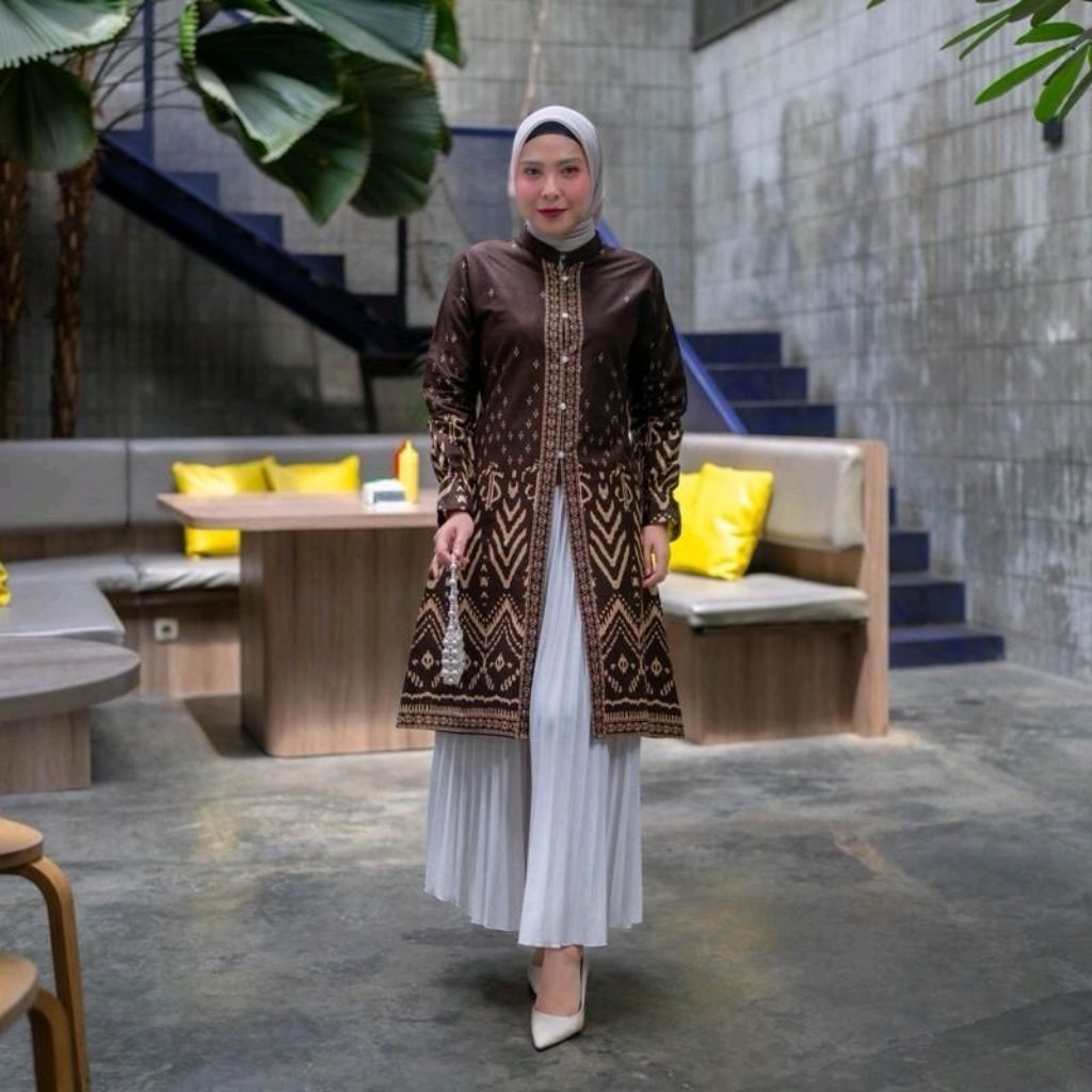 new batik ravindra tunik batik serena lengan panjang kancing depan tali samping