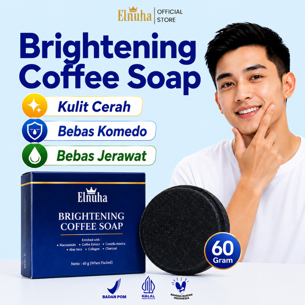 Sabun Wajah Pria Wanita Mencerahkan, Atasi Komedo, Jerawat, Kusam, ELNUHA Brightening Coffee Soap