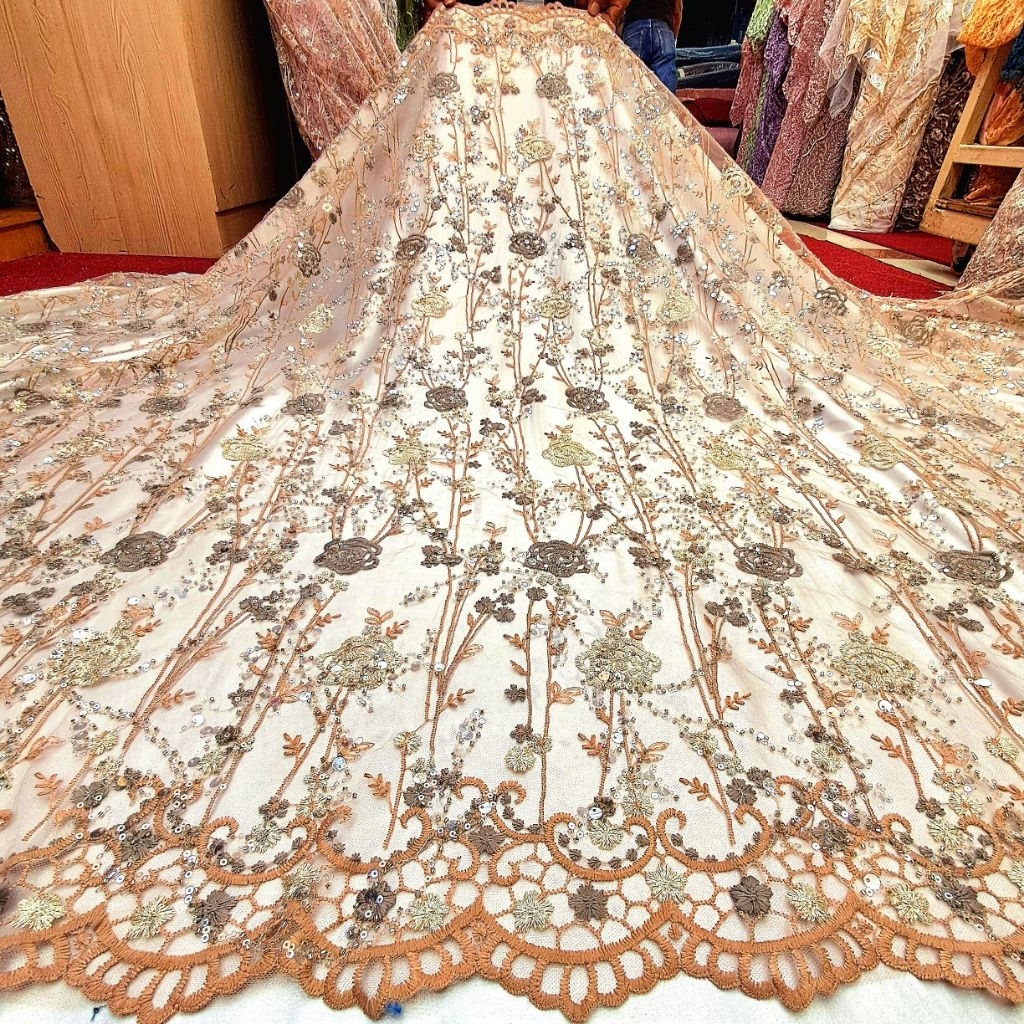 Kain Tile Payet 3D Bordir Garden Premium Motif Bunga Twotone / kain tile payet mewah untuk gaun peng