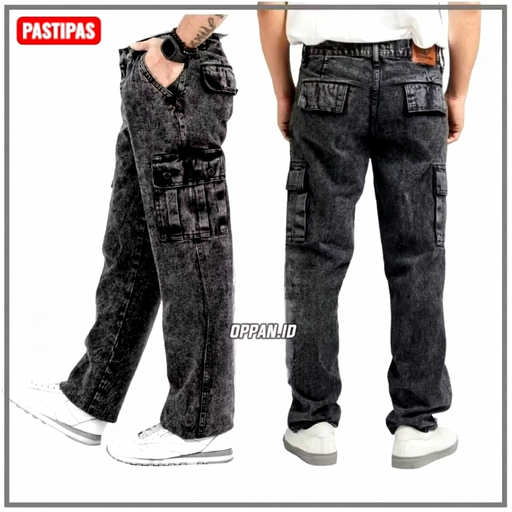 Long Cargo Pants Jeans Pria Loose Fit Nstrech Regular Cargo Jeans Denim Black Sandwash Populer