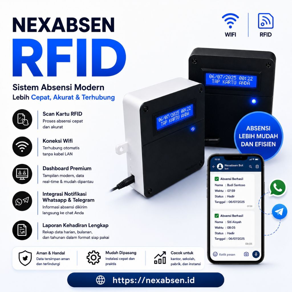 Nexabsen Alat Absensi RFID IoT Sekolah dan Kantor + Notifikasi WA & Telegram