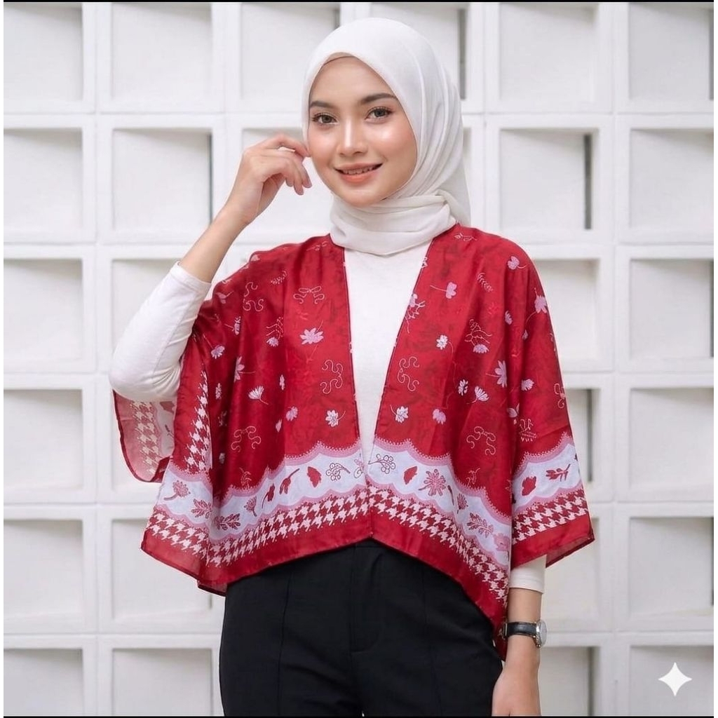 Outer Batwing Wanita Motif Merah Putih Agustusan Bahan Voal Premium