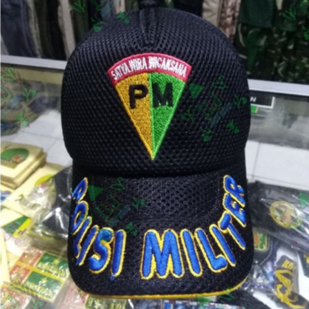 Topi jaring jala tebal pm pom polisi militer / topi tulisan polisi militer besar timbul