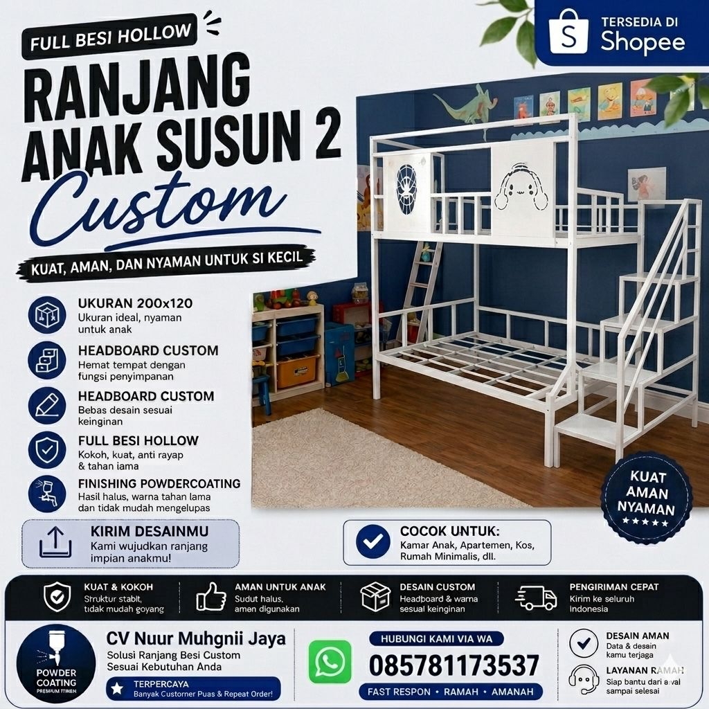 Ranjang Susun Anak Besi Full Hollow 2 Tingkat 120x200 Laser Cutting Powder Coating Minimalis Elegan 