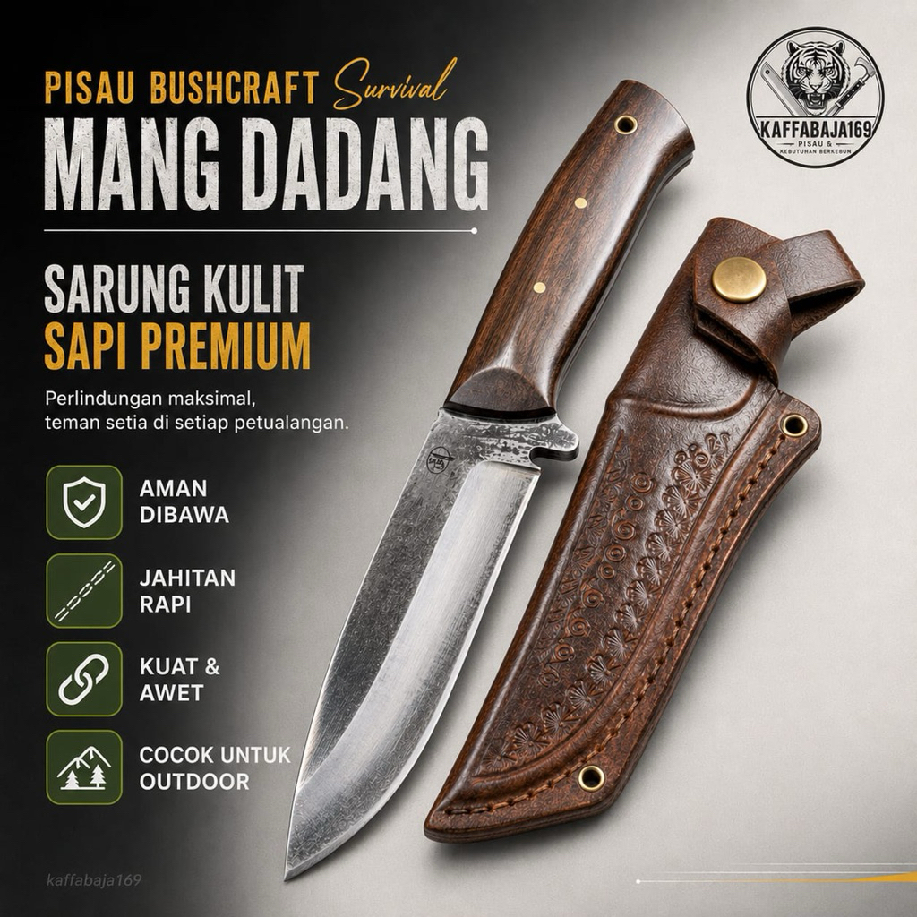 Pisau bushcraft Survival Fulltank Multifungsi - Skinner outdoor sarung kulit sapi asli