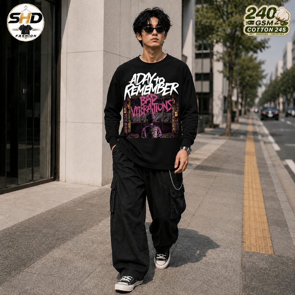 Kaos Band A Day To BAD VIBRATIONS Remember Lengan Panjang Oversize Pria Wanita Cotton 24S Hitam