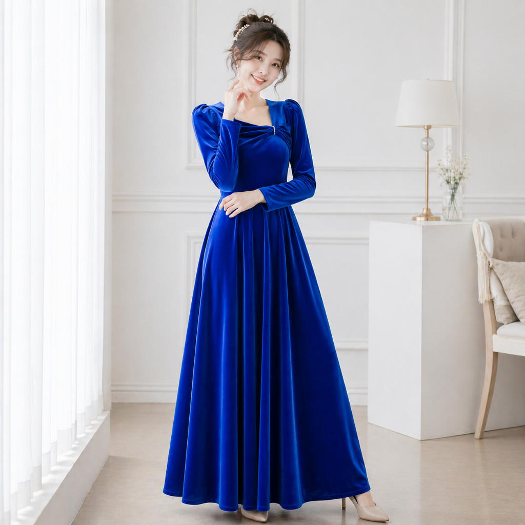 GB - Dress Bludru Wanita Elegan Lengan Panjang Premium | Maxi Dress Velvet Mewah Model A-Line Anggun
