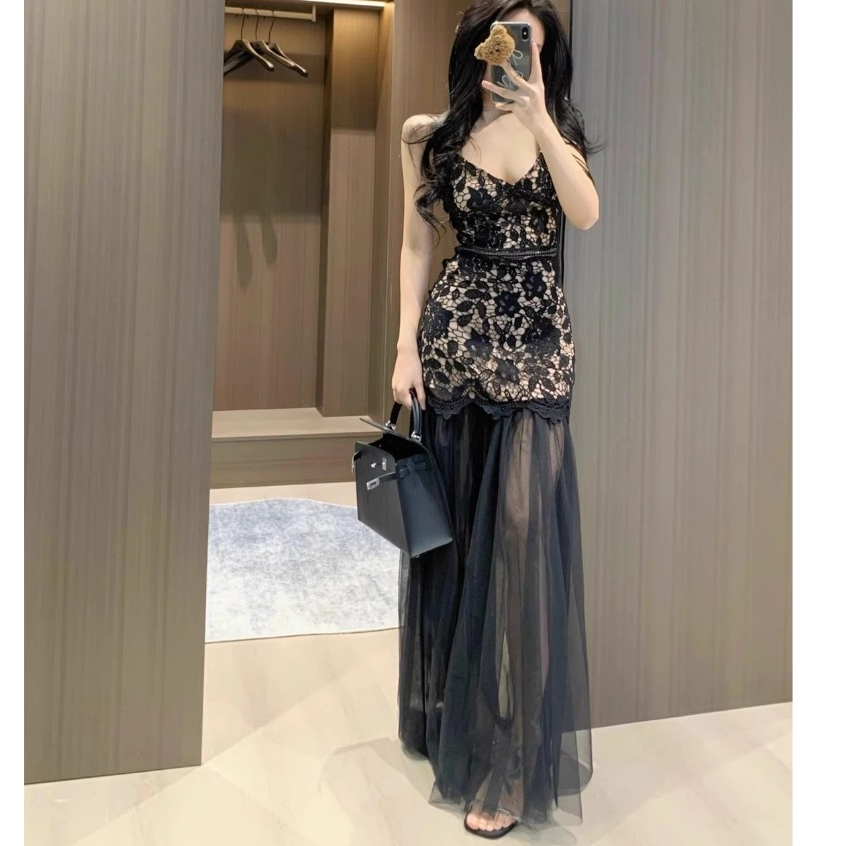 Vivienne Illusion 2pcs Dress Wanita Korean Style Set Mini Dress Brokat + Rok Tile Panjang