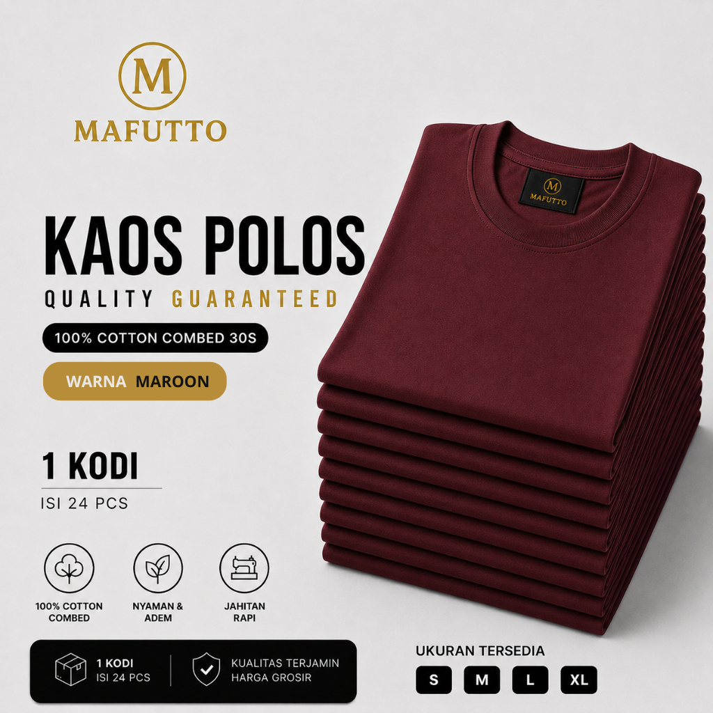 MAFUTTO Kaos Polos Unisex Cotton Minimalist Lengan Pendek - maroon (merah tua / burgundy) 1 kodi 24p