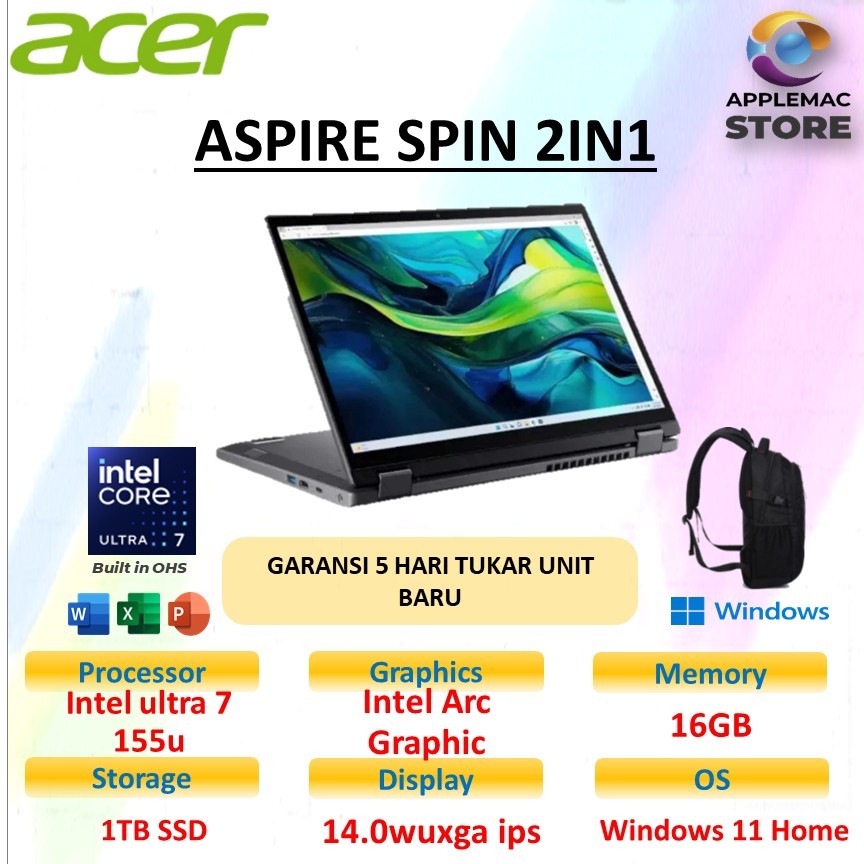 Acer Aspire Spin ASP14 Ultra 7 155U 16GB 1TB Win11+OHS 14.0WUXGA Touch